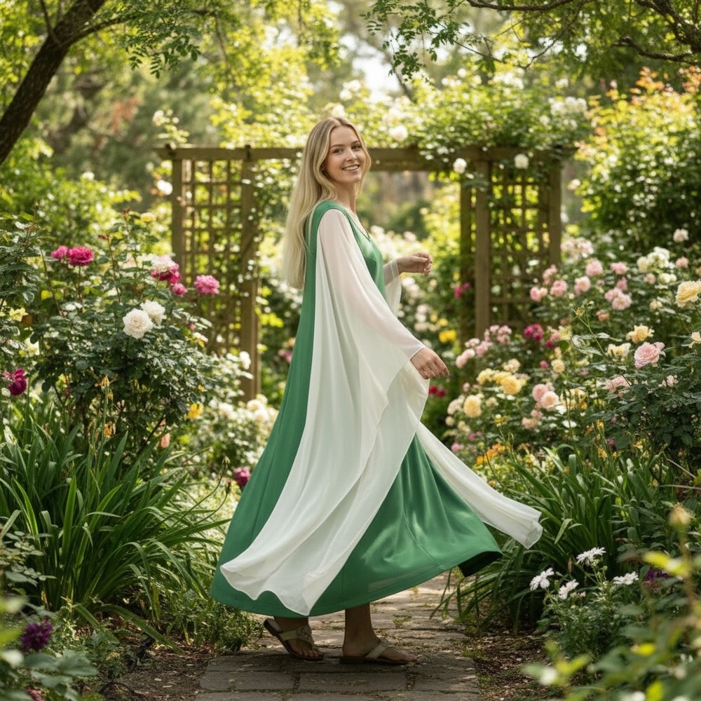 Vintage 70s Green Maxi Dress with sheer angel wing Sleeves - Picture 12 of 13